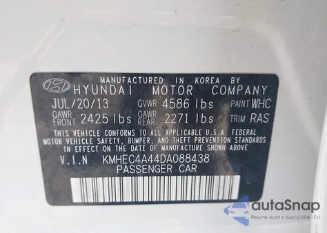2013 Hyundai Sonata Hybrid z USA, uszkodzony, nr VIN KMHEC4A44DA088438